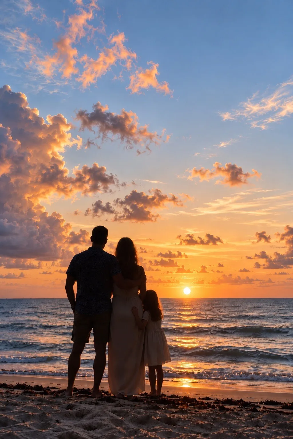 A man, a woman and a child stand together on a beach, silhouetted against a sunset over the water.